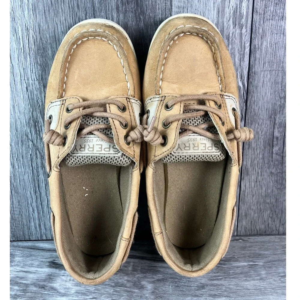 Sperry Top-Sider Shoresider 3 Eye Tan Leather Mesh Boat Shoes YG57681A Kids 13.5